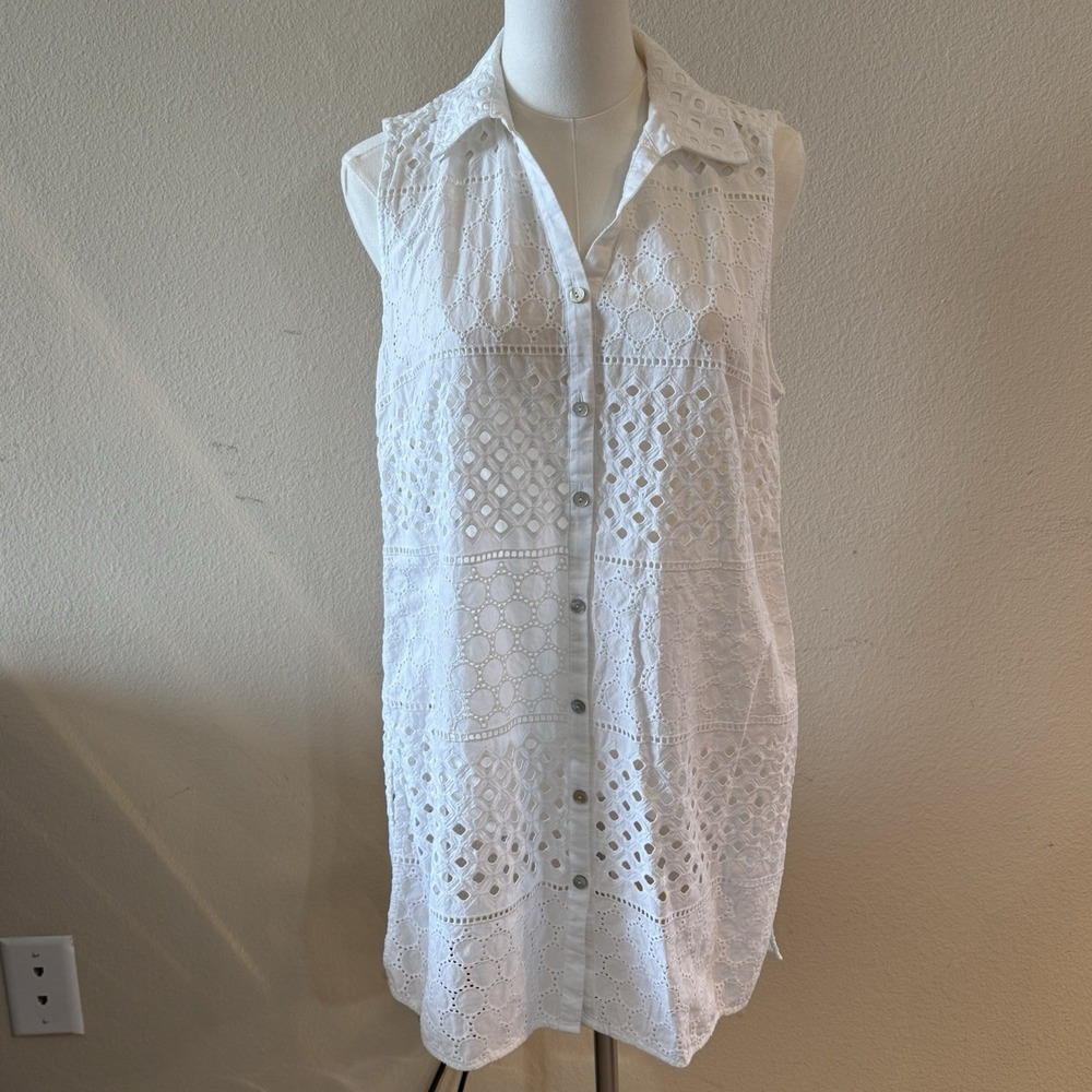 Chico's White Eyelet Tunic Sleeveless Button Front Cotton Size 1 Medium Boho
